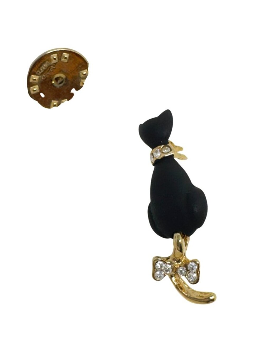 Vintage Ballou Reg'd Black Cat Brooch Gold-Tone Collar Rhinestone Swinging Tail